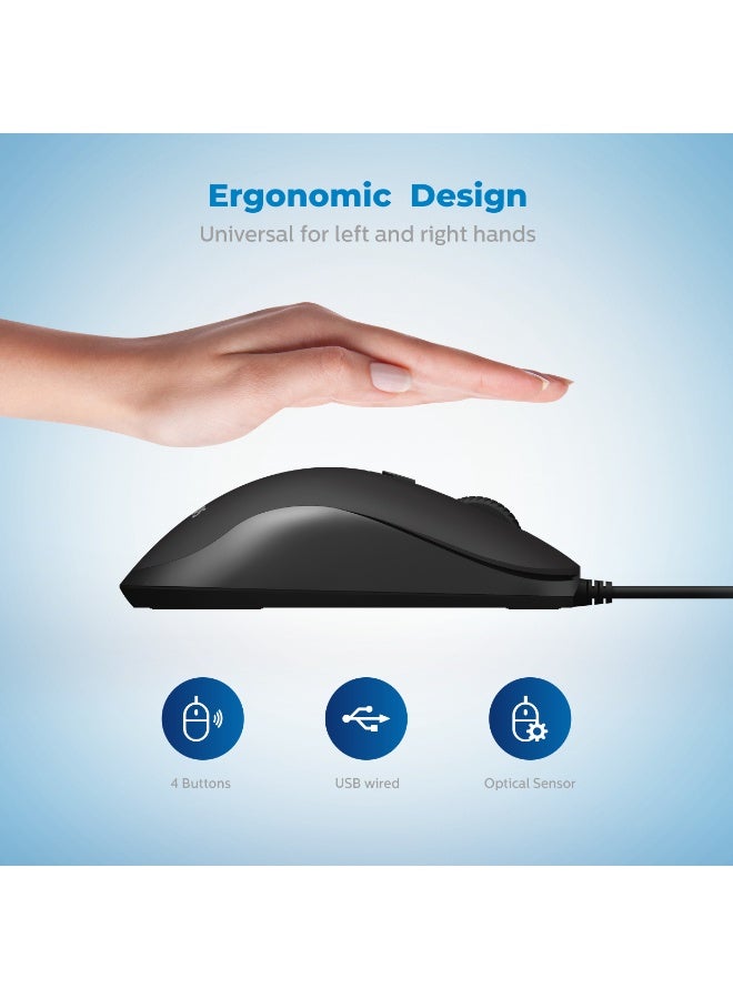 فيليبس ماوس بصري سلكي، دقة قابلة للتعديل حتى 3200 نقطة في البوصة، تصميم مريح مناسب للاستخدام باليدين، منفذ USB للتوصيل والتشغيل لأجهزة الكمبيوتر المحمولة/الشخصية/المكتبية - أسود - Image 4